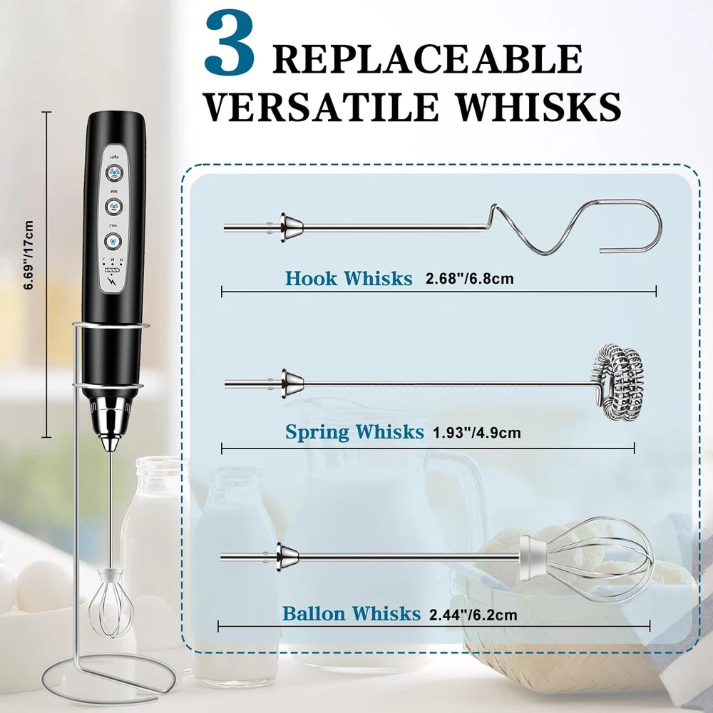 Milk Frother Handheld with Stand Electric Whisk 3 Speed Adjustable Drink Mixer