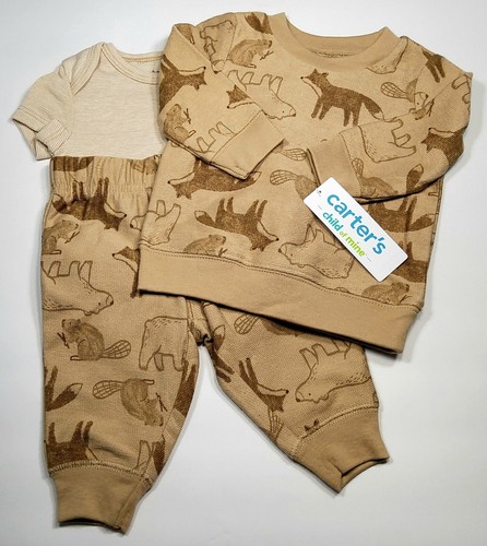 Carter's Child of Mine Baby Boys Brown Bear Sweater 3 Piece Set Size 0-3 Months