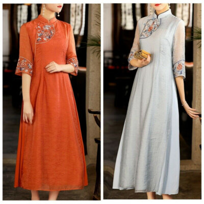 Lady Ethnic Floral Embroidery Tea Dress Cheongsam Qipao Long A-Line Half Sleeve