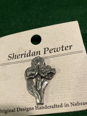 Vintage-''Sheridan Pewter'' Flower Iris Brooch on Original Card New