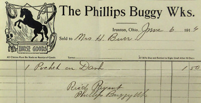 Ironton Lawrence County Ohio Phillips Buggy Works Horse Goods Billhead Receipt