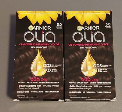 2 Garnier Olia Oil-Powered Permanent Color 3.0 Darkest Brown Ammonia Free NIB