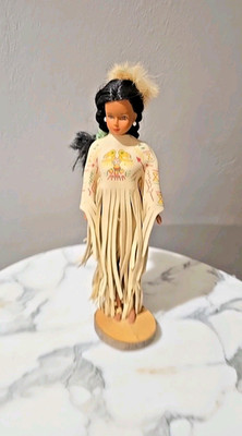OOAK Barbie Doll on Wood Base Handcrafted Leather Fringe Dress   Native