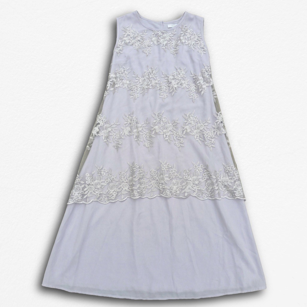 Grey Lace Tiered Sleeveless Midi Shift Dress Plus Size 4XL Floral Overlay