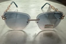 NWT TRUE RELIGION Metal Chain Arm Sunglasses Beveled Lenses TR11938 Green / Gold