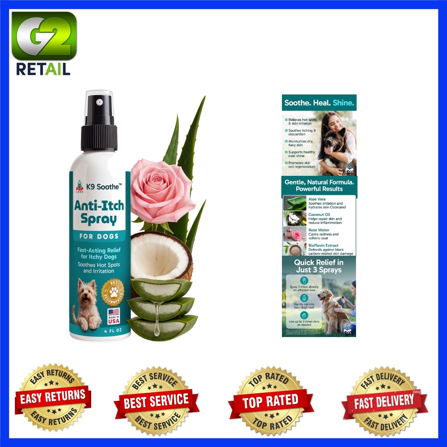 K9 Soothe anti Itch Spray for Dogs with Aloe, Rose, & Coconut, Natural Hot  Spot | eBay