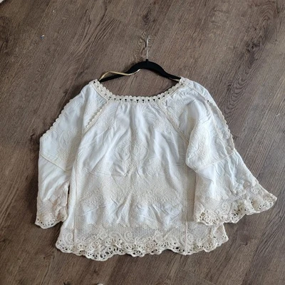 Democracy Boho Bell Sleeve Crochet Trim Blouse Round Neck Ehite Cream Size S - Image 1 of 4