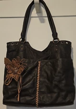 Faux Leather Flower Applique Shoulder Tote Womens Black Brown Whipstitch Boho