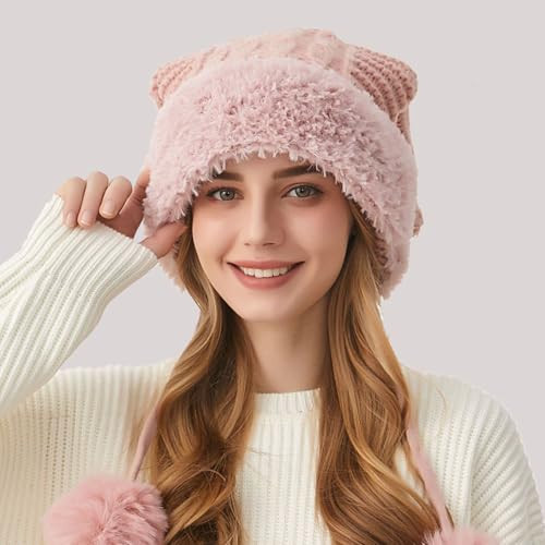 Winter Beanie Hat for Women Warm Fleece Lined Pom Knit Earflap