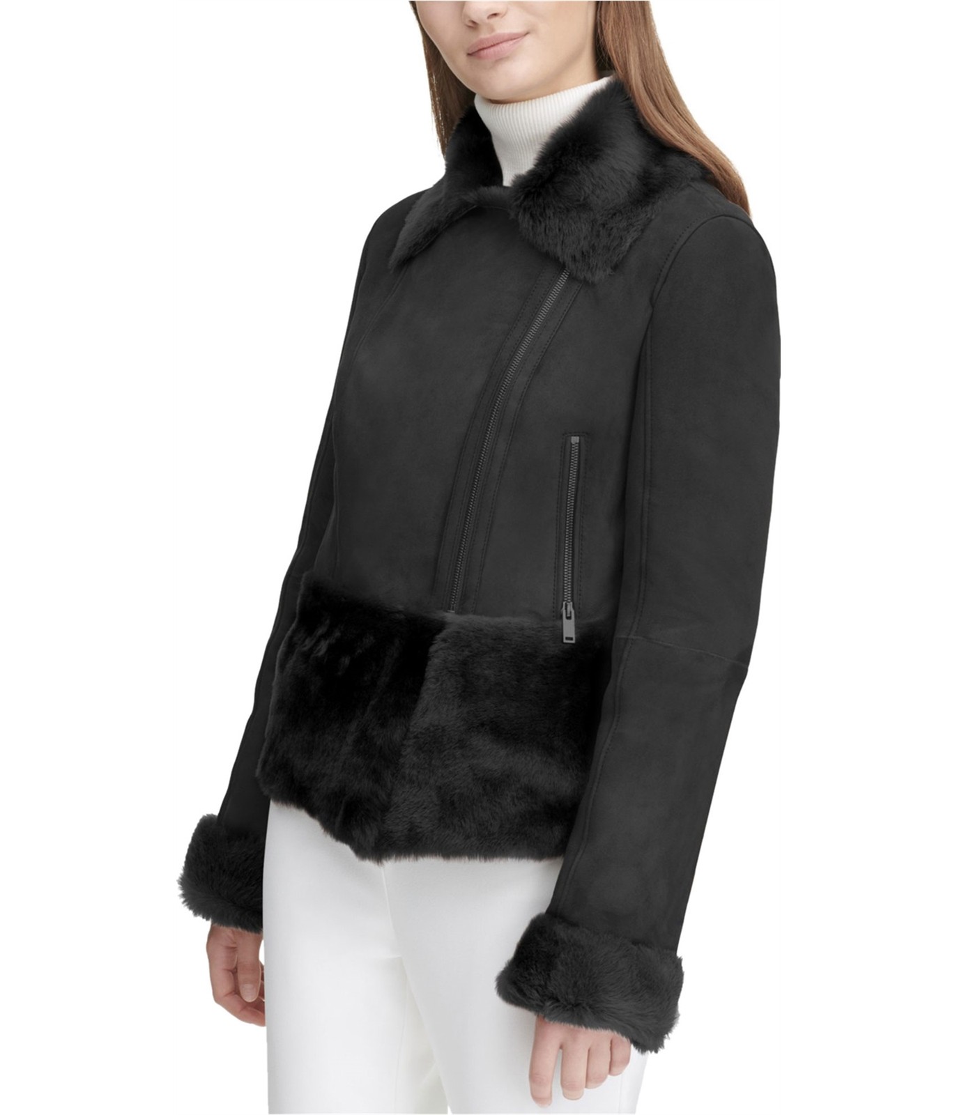 Calvin Klein Womens Shearling Motorcycle Jacket, Black, Small