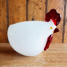 Vintage Murano Style Art Glass Rooster Chicken Sculpture White Red MCM 8" Long