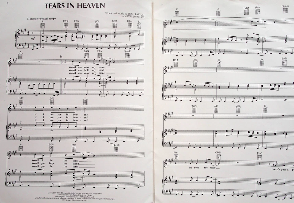 Eric Clapton Tears In Heaven Sheet Music Song Book - Image 2 of 3