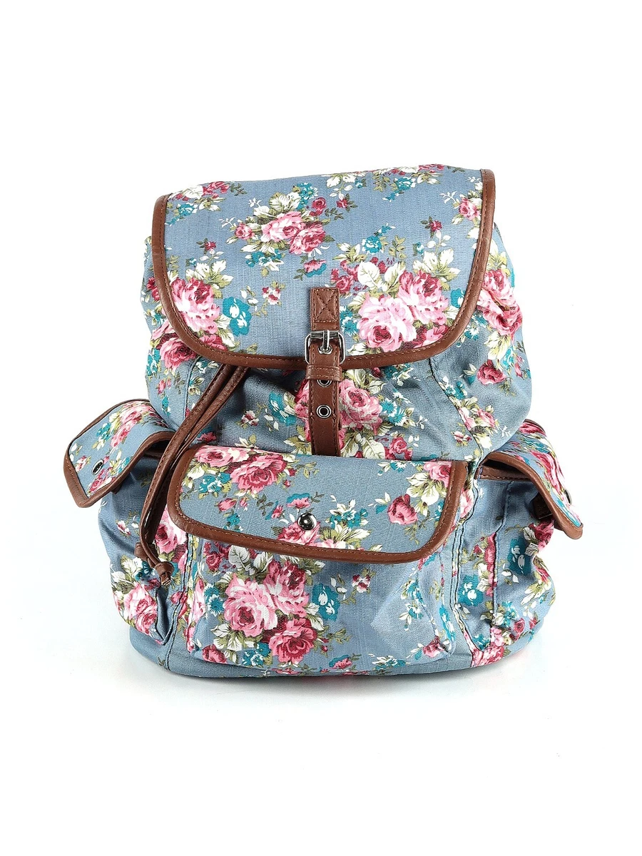 Blue Pink Floral 18 Printed Canvas Buckle Flap Backpack w Modcloth Bonus |  eBay