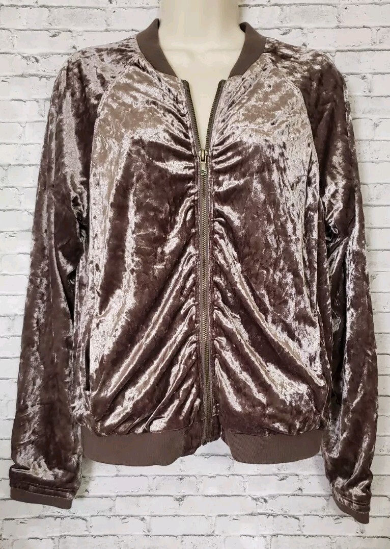 Jolt Womens Large Ruched Crushed Velvet zip Bomber Jacket Taupe
