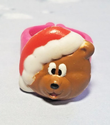 Vtg Plastic Christmas Hat Bear Ring  (c) C-P INC Holiday Adjustable SZ 4 Pink