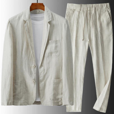2PC Mens Two Button Suit Summer Linen Cotton Causal Blazer Pants Coat Jacket