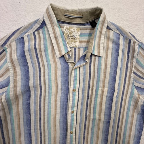 Tasso Elba Linen Blend Tan Blue Striped Button Up Shirt Beachy Coastal Mens XL - Picture 2 of 10