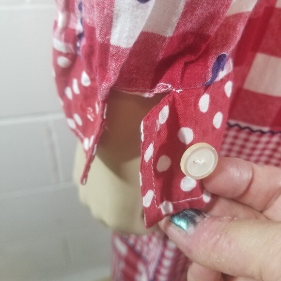 Vtg 70s red gingham plaid patchwork long sleeve h… - image 12