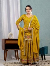 Elegant Look Mustard Yellow Chinon Silk Kurta Palazzo With Dupatta For Wedding