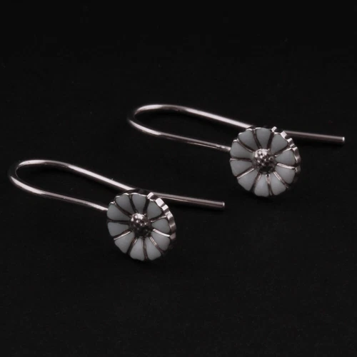GEORG JENSEN Sterling Ear Hooks. 7 mm. Silver Daisy Rhodinated. White Enamel NEW