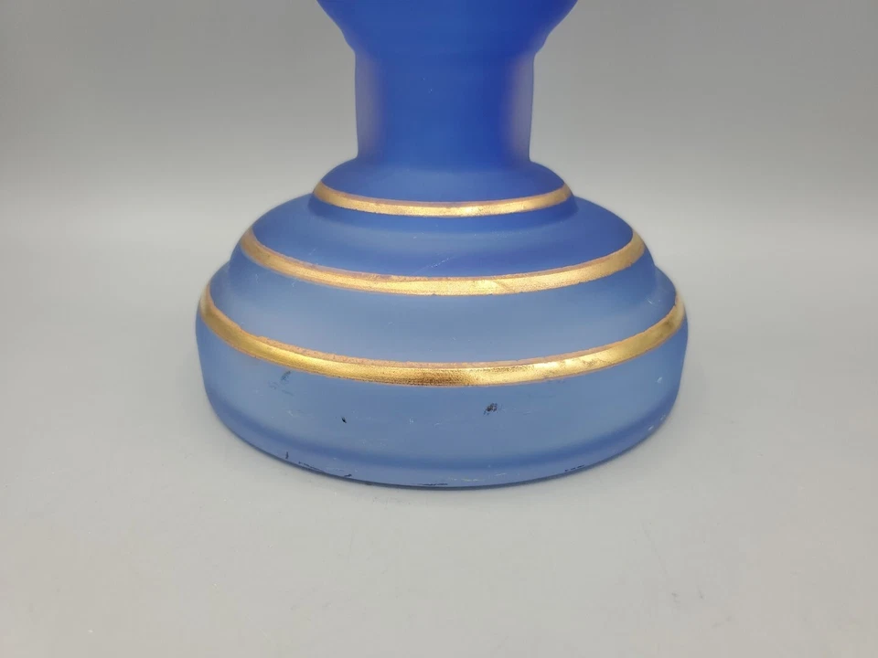VICTORIAN BRILLIANT BRISTOL BLUE GLASS VASE 16.5" GOLD FLORAL Gilded Antique - Image 3 of 4