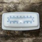 Vintage Pyrex Butter Dish White Milk Glass Blue Snowflake Garland - Excellent!
