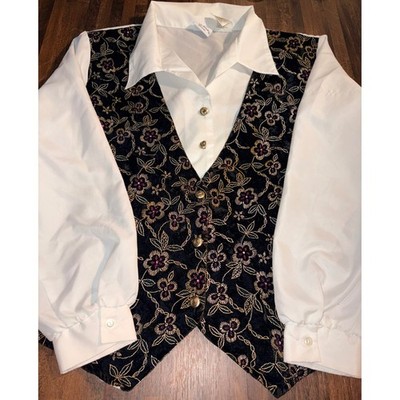 Vintage Bobbie Brooks Woman Blouse Floral Vest Gold Metallic Plus Size 18W