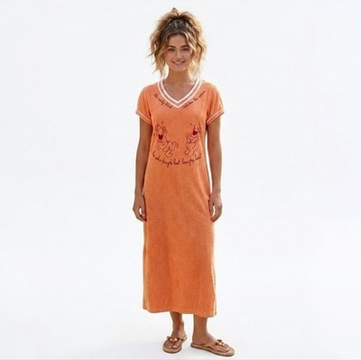 Julie Girl Vintage Orange Terry Cloth Maxi Dress Caftan Coverup Loungewear - Lar