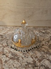 Antique Indiana Glass Oval Star Clear Child's Crystal Butter Dish Lid Gold Trim