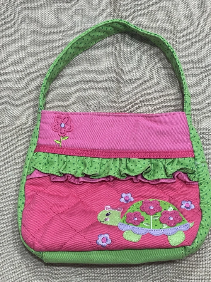 Stephen Joseph Girls Purse - Pink & Green - Turtle / Flowers Appliqué Cotton - Image 2 of 4