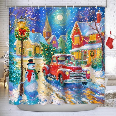 Christmas Holiday Winter Snowman Xmas Tree Santa Shower Curtain Fabric 72Wx72H