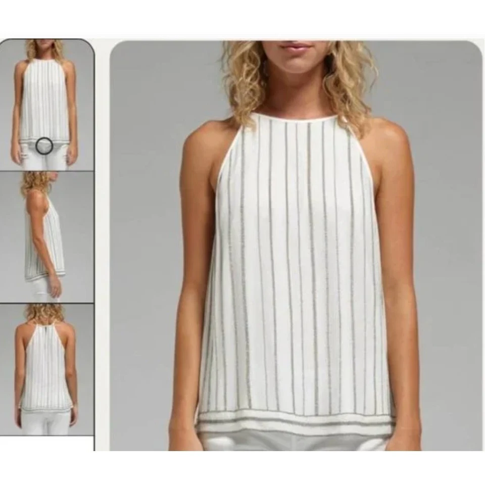 Joie Silk Tank Top Womens XS White Silver Zelpha Striped Sheer Blouse Silk - Image 3 of 4