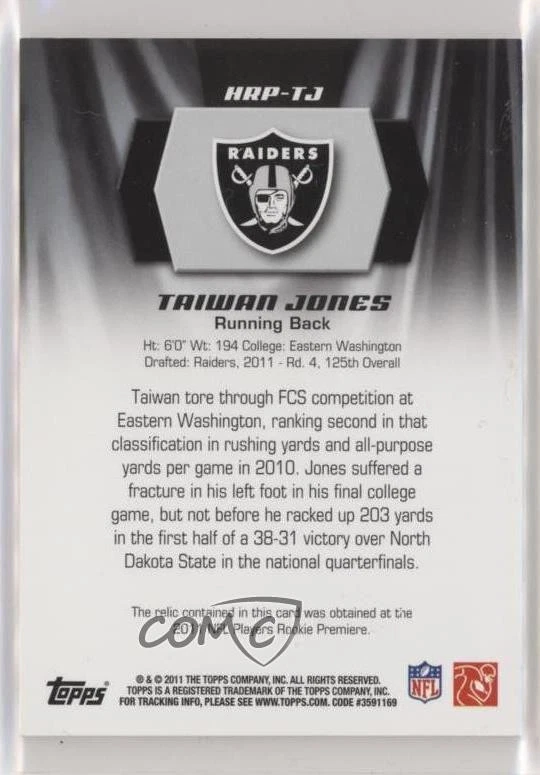 2011 Topps Rookie Patch Taiwan Jones #HRP-TJ Patch RC - Image 2 of 2