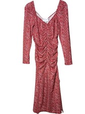 CHARLES HENRY | Brick Ditsy Floral Ruched Long Slv Midi Dress L Side Slit Flatte