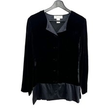 Vintage 90s Black Velvet Button Up Layer Silk Blend Long Sleeve Top Medium