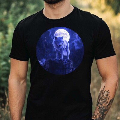 Mens Wolf Full Moon Night Motif Cotton T-Shirt Size XS to 5XL