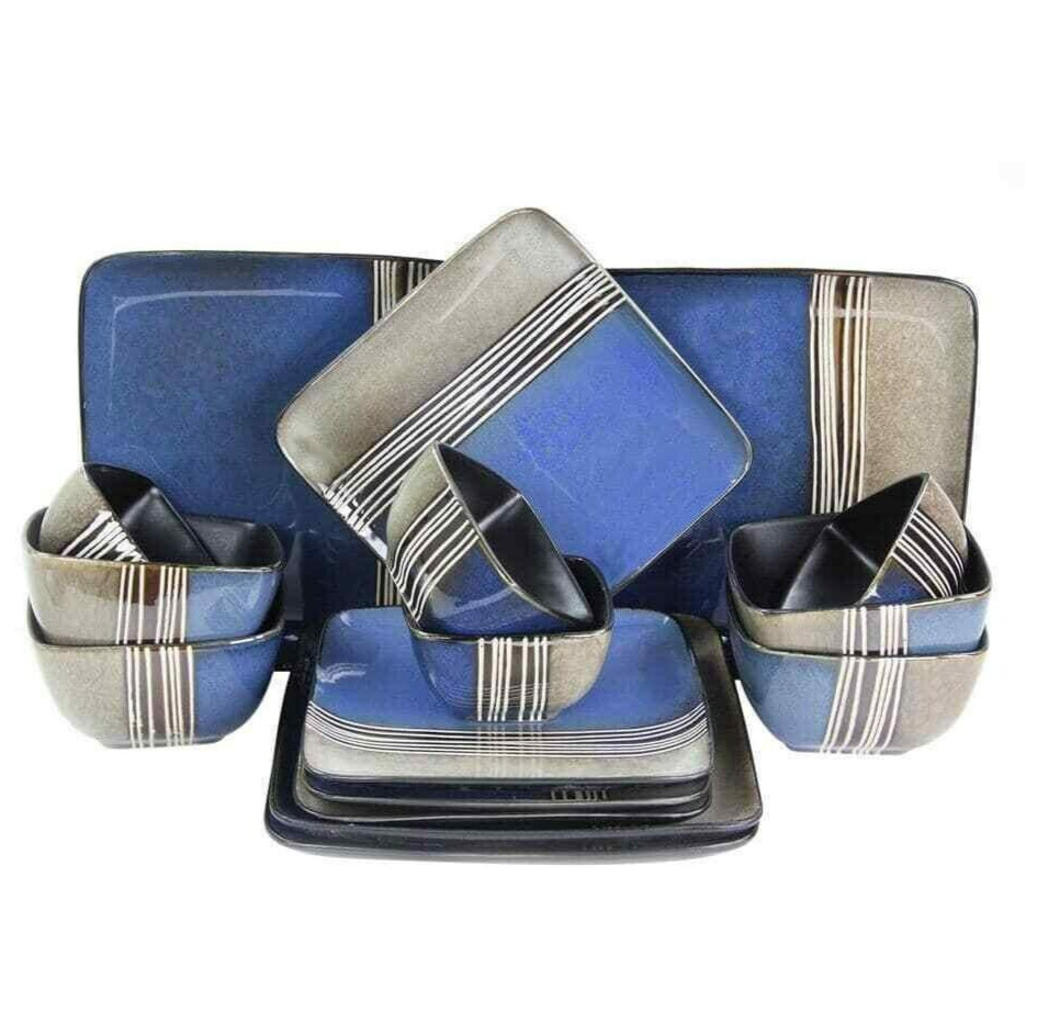 Elama Uptown Loft Blue 16 Piece Double Bowl Square Stoneware Dinnerware Dish Set