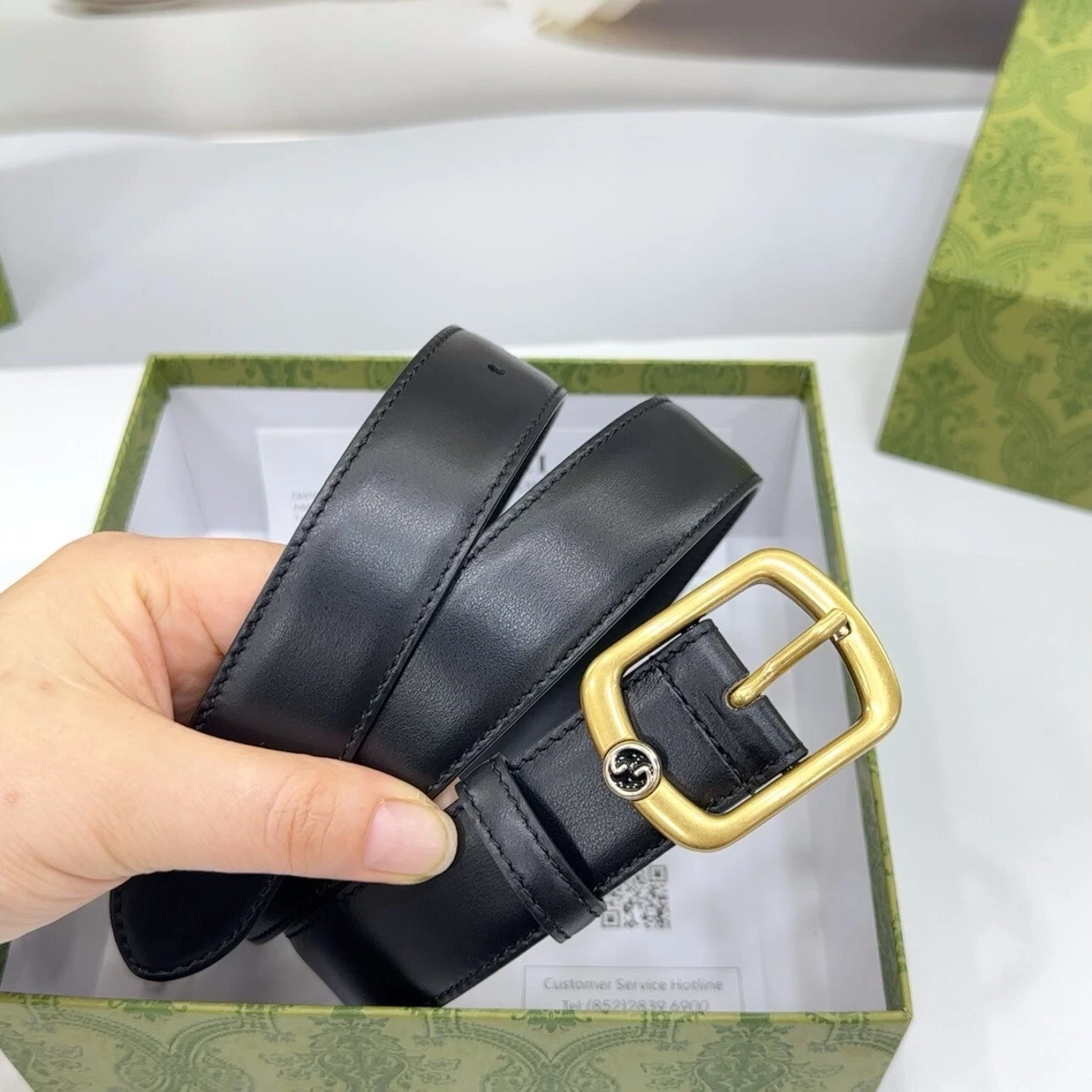 Gucci Ceinture Unisexe Classique Vintage Boucle Dorée 3,0cm Cuir Noir Longu/36