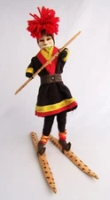 Vintage Carved Wood Face Felt Cloth Body Sami Laplander Man on Skis 12" Doll