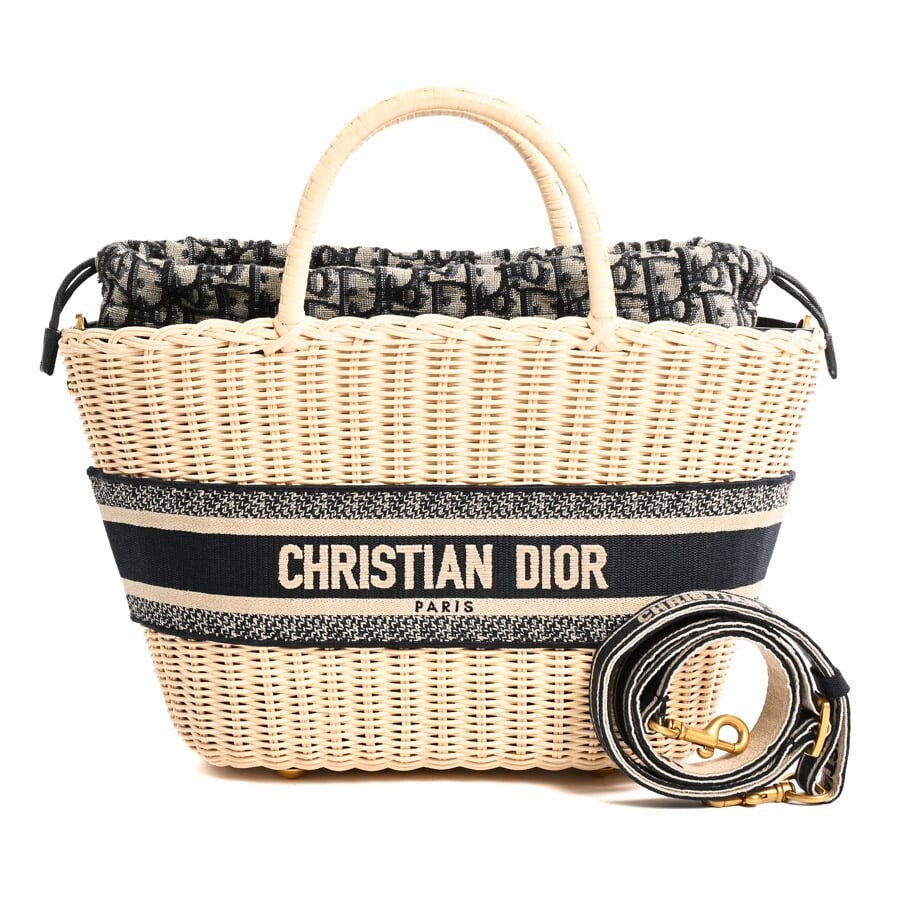 Authentic Dior Panier Wicker & Oblique Jacquard Chapeau Bag