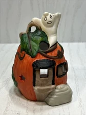 Vtg Rare 4.5”x3.5” Halloween Tea Light Candle Holder Pumpkin House With Ghost