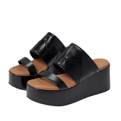 Sam Edelman Sasha Black Slip On Open Toe Strappy Wedge Heel Platforms Sandals