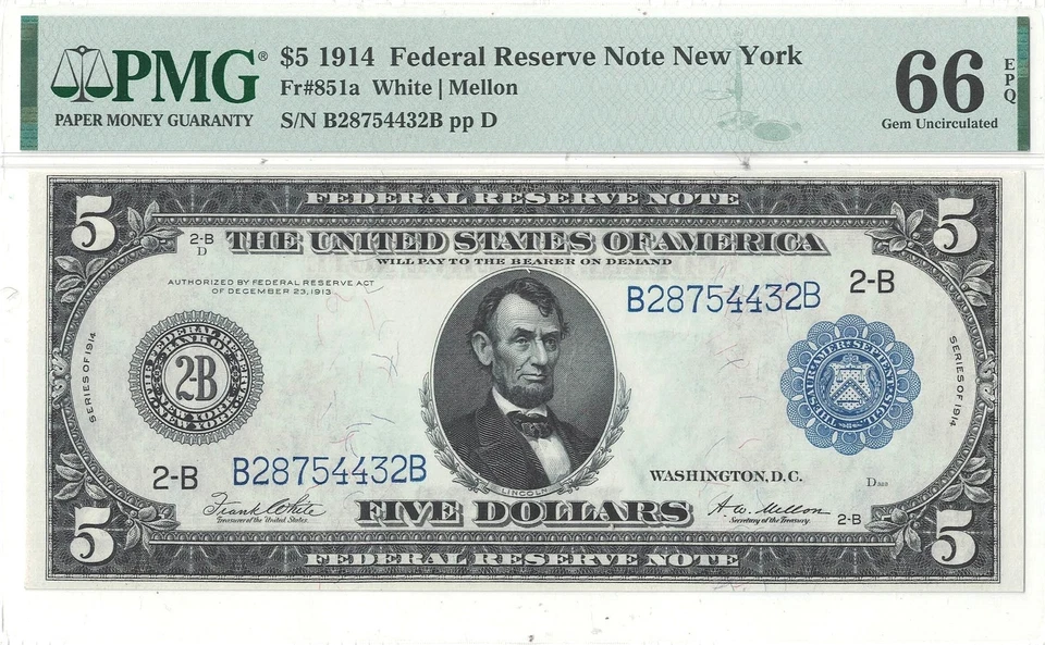 1914 $5 Federal Reserve Note Fr-851a PMG-66 EPQ - Image 2 of 3