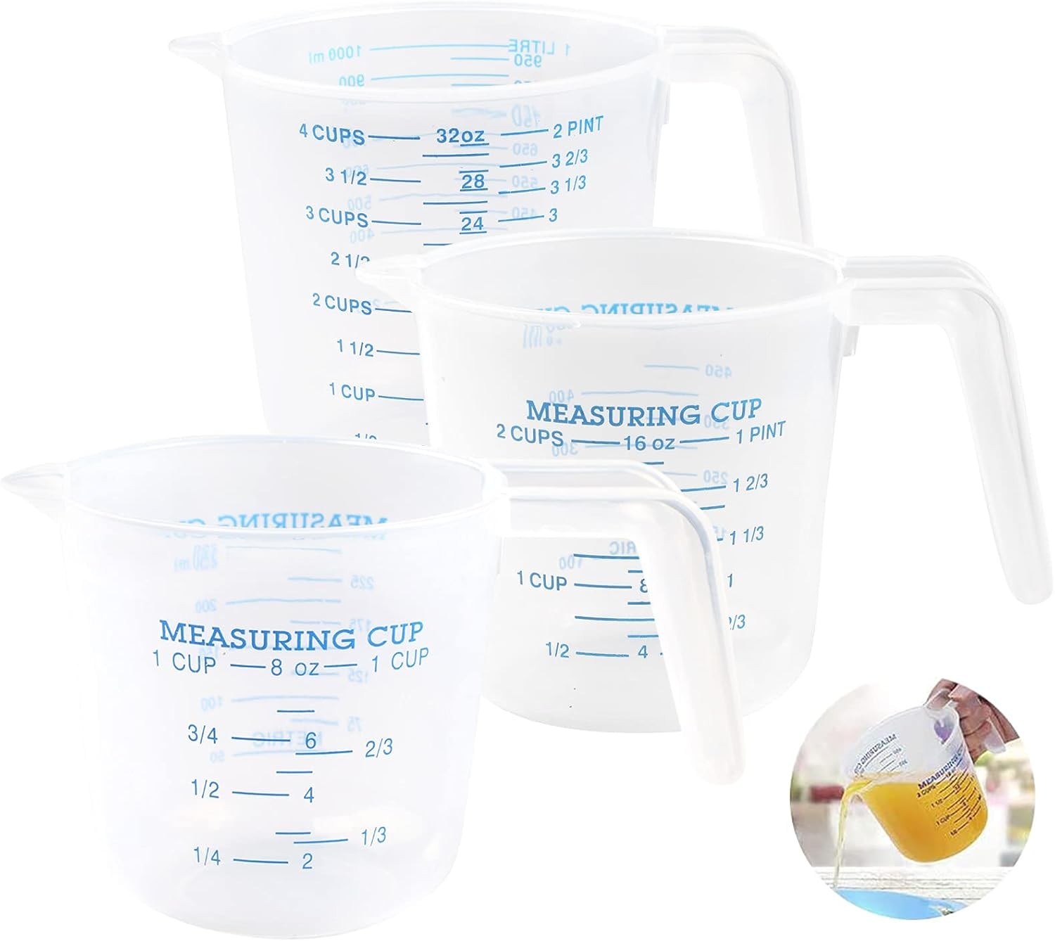 3PCS Plastic Measuring Jugs, Kitchen Baking Jugs Set, 1000ML, 500ML, 250ML, Cle