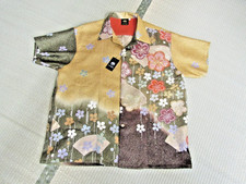 Kimono Silk Aloha Shirt XL Plum Blossom Gold Antique Japan