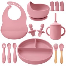 14 PCS Deep Red Silicone Baby Feeding Set Spoons Suction Bowl Plate Bib