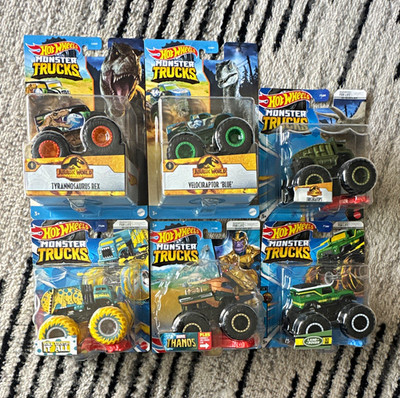 Hot Wheels Monster Trucks Lot of 6 1:64 Jurassic World, Marvel Thanos, Rover