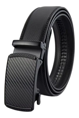 FOREST Men's Ratchet Belt, 1.25" Wide, Patterned Plate Buckle, Black Leather Lined Belt