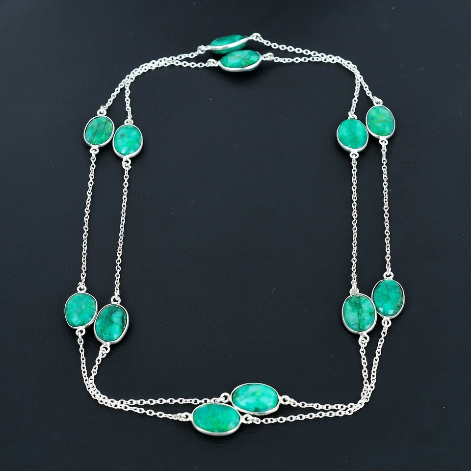 Zambia Esmeralda (Simulada) Ovalada Piedras Preciosas 925 Collar de Plata... - Imagen 2 de 4