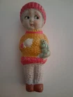 Vintage Japan Cupie Bisque China Doll figure holding blue bear 4"